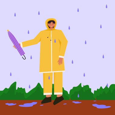Kadın yağmurluk ve şemsiye çizer..