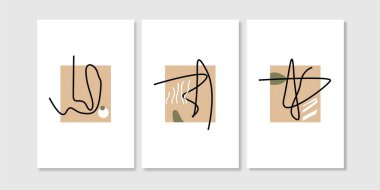 Üç adet soyut sanat eseri seti. Estetik İskandinav duvar süslemeleri. Duvar kağıdı, duvar dekorasyonu, sanat deco, ev dekorasyonu ve arka plan için iyidir.