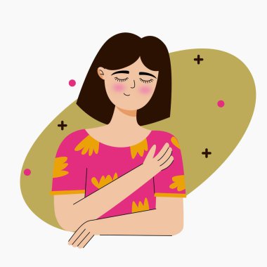 Kendini seven kızın düz karakter çizimi. Kız kendini tutuyor ve kendin oluyor. Zihinsel sağlık illüstrasyon simgesi.