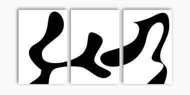 Üç soyut siyah beyaz duvar sanatı seti. Ev dekorasyonları için minimalist poster vektörü.
