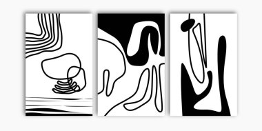 İki soyut minimalist siyah beyaz duvar sanatı seti. Asgari duvar izi, poster ve duvar dekorasyonu.