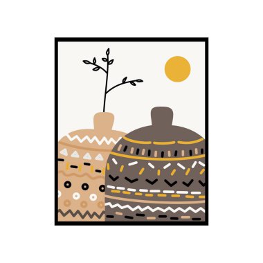 Elle çizilmiş vazo ve çiçek duvar resimleri. Boho duvar süslemesi. Ev için tek duvar dekoru.