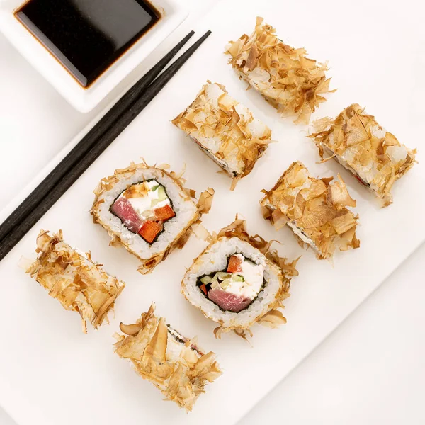 Sushi Rolls Set Tuna Flakes White Background Top View Traditional — Stok Foto