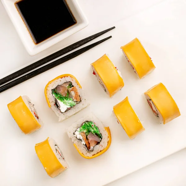 Sushi Rolls Set Cheese Tuna Fish White Background Top View — Stok Foto