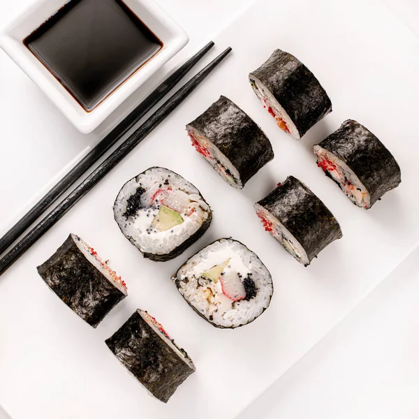 Sushi Rolls Set Vegetables White Background Top View Traditional Japanese — Stok Foto