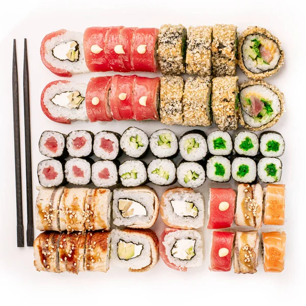 Raw Colorful Sushi Set White Background Top View Sushi Pieces — Stock Photo, Image