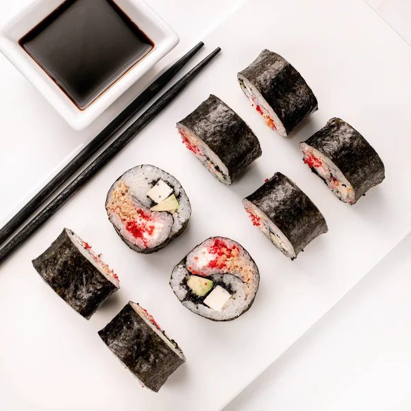 Sushi Rolls Set Vegetables White Background Top View Traditional Japanese — Stok Foto