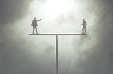 concept of two men fighting on unstable structure, karma concept clipart