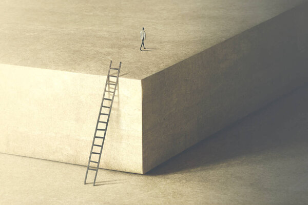 man thinking about taking big risk to reach the other side with a big jump