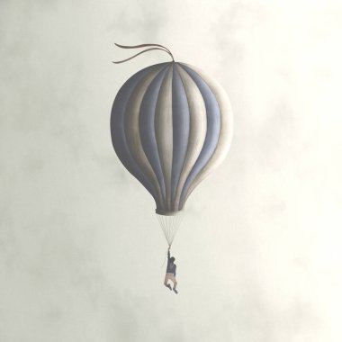 Adam havada balon tutuyor.