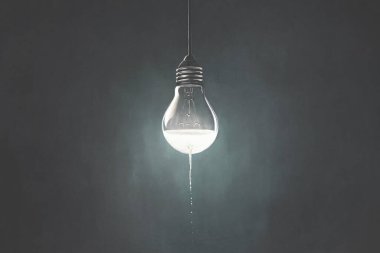 Kırık bir ampulden düşen sıvı ışığın tasviri, gerçek üstü enerji israfı soyut kavram