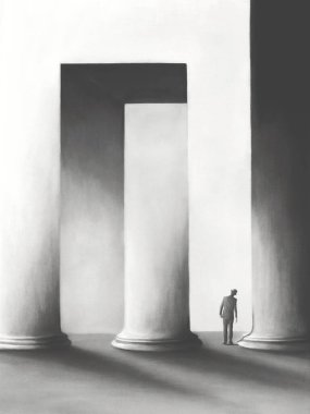 Illustration of man inside a surreal building, optical illusion abstract concept clipart