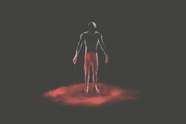 Ilustração Homem Sangrando Uma Poça Vermelha Sangrenta Conceito Escuro Surreal — Fotografia de Stock