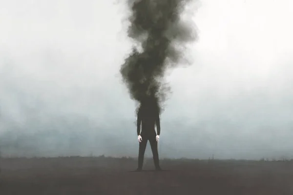 Ilustração Homem Desaparecendo Uma Fumaça Negra Escura Conceito Emocional Surreal — Fotografia de Stock