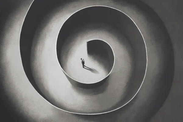Illustration Homme Perdu Dans Labyrinthe Circulaire Concept Abstrait Surréaliste — Photo