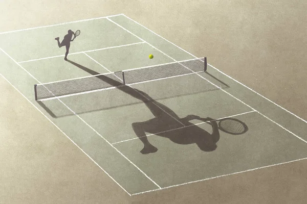 Illustratie Van Mens Spelen Tennis Met Zijn Schaduw Surrealistisch Abstract Stockfoto