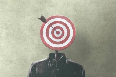 Kafasında hedef tahtası olan gerçeküstü iş adamının tasviri.