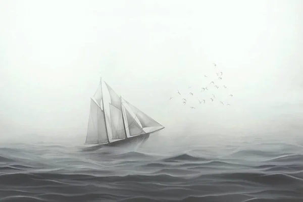 Illustration Eines Dem Meer Zugewandten Segelschiffs — Stockfoto