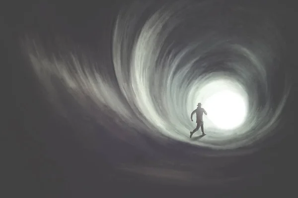 Illustrazione Dell Uomo Che Esce Dal Tunnel Oscuro Verso Luce — Foto Stock