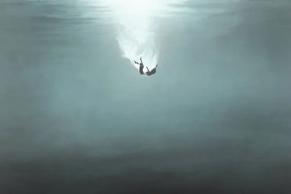 Ilustracja Kobieta Spada Pod Wodą Surrealistyczne Pojęcie — Zdjęcie stockowe