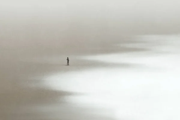 Ilustração Homem Solitário Andando Areia Olhando Para Mar Calmo Surreal Imagens Royalty-Free