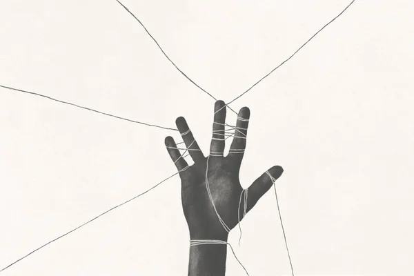 Illustration of a black tied hand, surreal abstract minimal concept