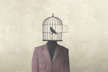 Kafasında kuş kafesi olan bir adamın tasviri, uçma korkusu.