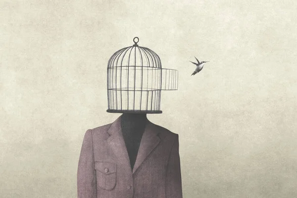 Ilustracja Człowieka Otwartą Klatką Dla Ptaków Nad Głową Surrealistyczna Koncepcja Zdjęcie Stockowe