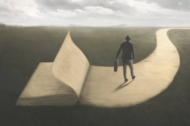 Illustration of wise man walking on the last page of a surreal book, wisdom concept clipart