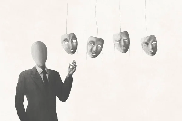 Ilustracja Biznesmena Bez Twarzy Wybierając Odpowiednią Maskę Noszenia Surrealistyczna Koncepcja Zdjęcia Stockowe bez tantiem