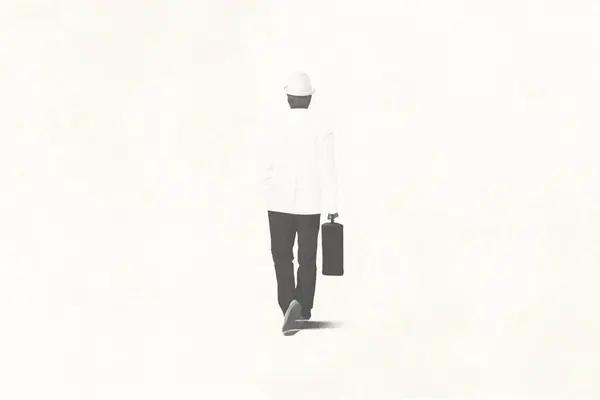 Illustration of minimal black and white man walking in the white, abstract surreal concept