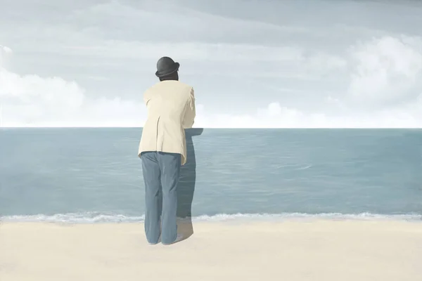 Ilustracja Człowieka Patrzącego Morze Surrealistyczna Iluzja Optyczna Konceptualna Zdjęcie Stockowe