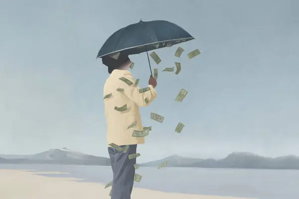 illustration of money falling from inside an umbrella, abstract surreal concept