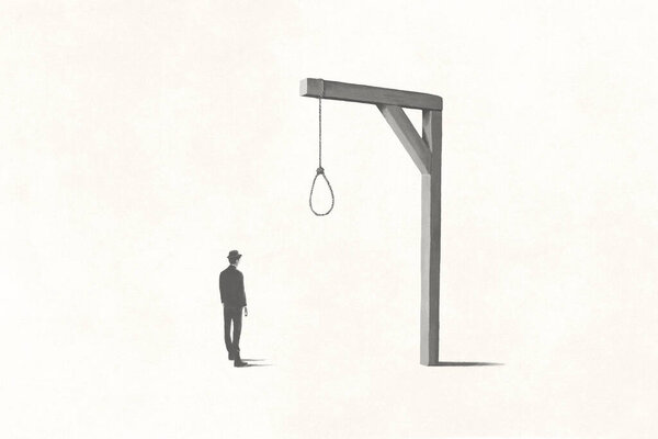 illustration of man thinks about hanging himself, surreal abstract concept