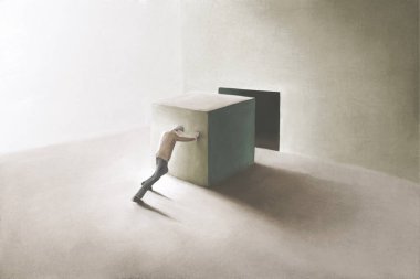 Illustration of strong man pushing a big heavy cube in a squared shaped hole, surreal challenge concept