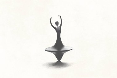illustration of a spinning top woman dancing in circles, surreal beauty concept