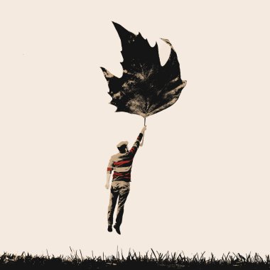 Yaprakla uçan bir adamın resmi, sonbahar gerçeküstü konsepti.
