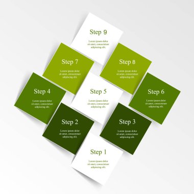 9 adım, seçenek, parça ya da süreç içeren bilgi şablonu.