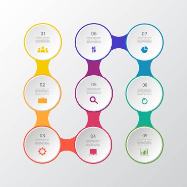 Zaman çizelgesi iş sunumu veya adım adım 9 seçenekli bilgi aktarımı.