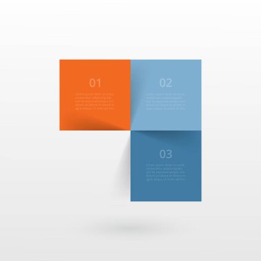 Sunum için 3 adım, seçenek, parça ya da süreç içeren bilgi şablonu. Gölgeli üç renkli kare.