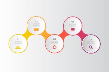 Adım adım, iş, takım çalışması sunumu. 5 seçenek veya süreçten oluşan bilgi.