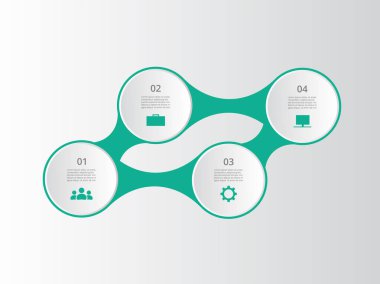 4 aşamalı molekül şablonu, seçenekler, parçalar veya süreçler. Nanoteknoloji, takım çalışması veya iş akışı sunumu.