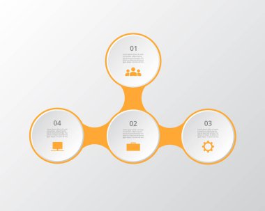4 aşamalı molekül şablonu, seçenekler, parçalar veya süreçler. Nanoteknoloji, takım çalışması veya iş akışı sunumu.
