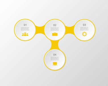 4 aşamalı molekül şablonu, seçenekler, parçalar veya süreçler. Nanoteknoloji, takım çalışması veya iş süreçlerinin sunumu.