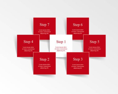 Adım adım 7 seçenek, parça ya da süreç içeren kırmızı bilgi şablonu.