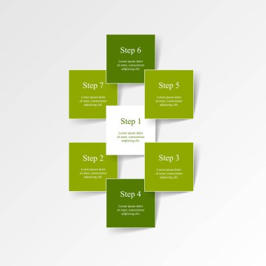 Adım adım, 7 adım, seçenekler, parçalar veya süreçlerle yeşil bilgi şablonu.