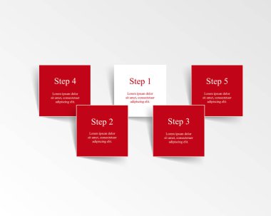 5 adım, seçenek, parça veya süreçle adım adım kırmızı bilgi şablonu.