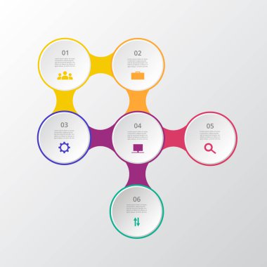6 aşamalı molekül şablonu, seçenekler, parçalar veya süreçler. Nanoteknoloji, takım çalışması veya iş süreçlerinin sunumu.