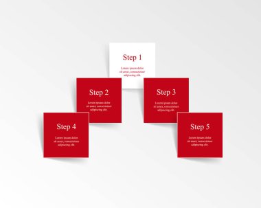 Adım adım kırmızı iş sunumu veya 5 seçenek veya parçalı bilgi grafiği.