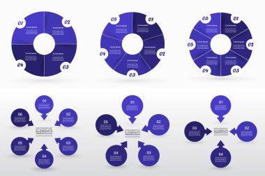 4, 5 ve 6 seçenekleri, bölümleri veya adımları olan mavi çember bilgi elemanları kümesi.